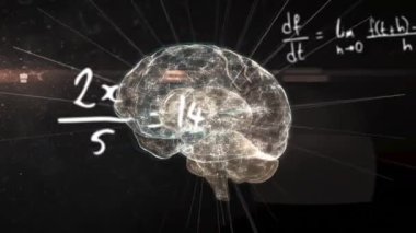 Siyah zemin üzerinde dijital beyin ve matematiksel denklemlerin animasyonu. küresel teknoloji ve dijital arayüz kavramı dijital olarak oluşturulmuş video.