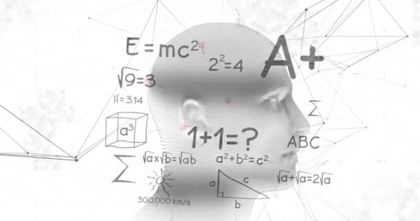 Анимация Цифровой Головы Математических Уравнений Белом Фоне Глобальные Технологии Концепция — стоковое видео