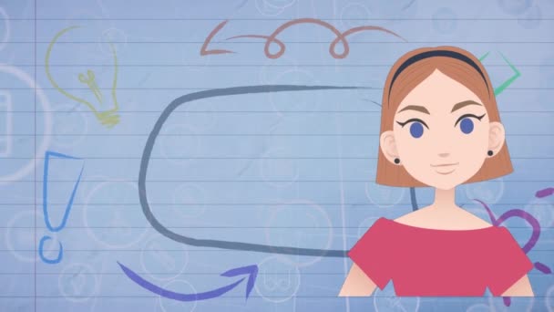 Animation Kvinna Talar Över Pris Droppe Text Och Skolan Ikoner — Stockvideo