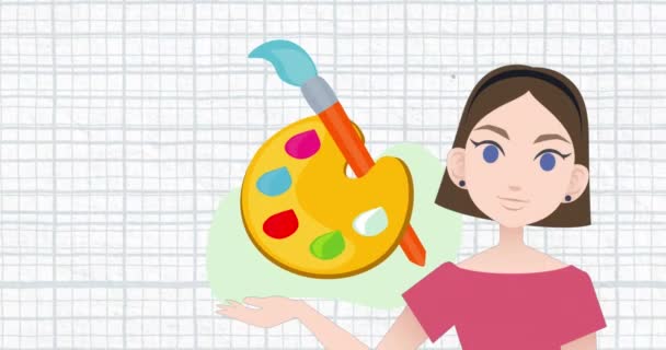 Animação Mulher Falando Sobre Ícone Paleta Pintura Mês Tutoria Nacional — Vídeo de Stock