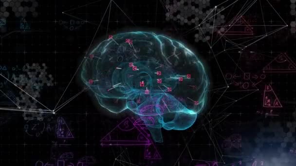 黒の背景にデジタル脳と数学方程式のアニメーション 世界的な技術とデジタルインターフェースの概念デジタル生成されたビデオ — ストック動画