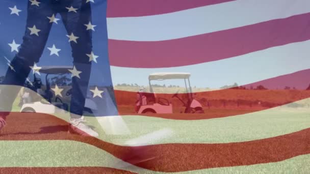 Animacja Golfisty Nad Flagą Usa Nas Otwarte Krajowe Mistrzostwa Koncepcji — Wideo stockowe