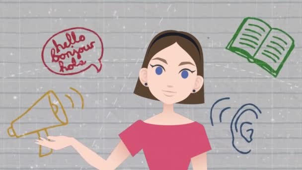 Okul Simgeleri Üzerinde Konuşan Kadın Animasyonu Ulusal Danışmanlık Ayı Dijital — Stok video