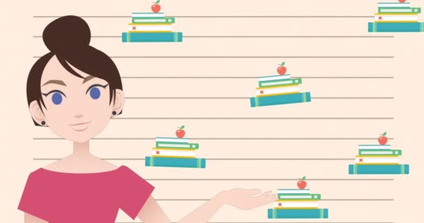 Animação Mulher Falando Sobre Ícones Livros Mês Tutoria Nacional Conceito — Vídeo de Stock