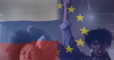 Afro-Amerikan kadın ve erkek protestocular üzerinde Rusya ve Avrupa Birliği bayrağının animasyonu. Ukrayna krizi ve uluslararası politika kavramı dijital olarak oluşturuldu.