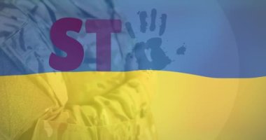 Ukrayna bayrağının savaşı durdurması ve erkek askerin karnının kesilmesi. Ukrayna krizi ve uluslararası politika kavramı dijital olarak oluşturuldu.