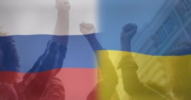 Çeşitli protestocuların elleri üzerinde Ukrayna ve Rusya bayrağının animasyonu. Ukrayna krizi ve uluslararası politika kavramı dijital olarak oluşturuldu.