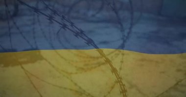 Saha ve dikenli teller üzerinde Ukrayna bayrağı animasyonu. Ukrayna krizi ve uluslararası politika kavramı dijital olarak oluşturuldu.
