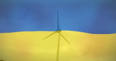 Rüzgar türbini üzerinde Ukrayna bayrağı animasyonu. Ukrayna krizi, ekonomik ve enerjik çöküş ve dijital olarak üretilen uluslararası politika kavramı.