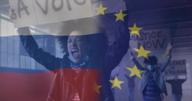 Afro-Amerikan kadın protestocu yüzünden Rusya ve Avrupa Birliği bayrağının animasyonu. Ukrayna krizi ve uluslararası politika kavramı dijital olarak oluşturuldu.