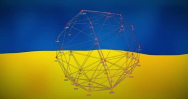 Ukrayna bayrağı üzerinden finansal verilerin ve bağlantıların animasyonu. Ukrayna krizi, ekonomik kriz ve dijital olarak üretilen uluslararası politika konsepti.