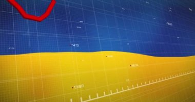 Finansal verilerin animasyonu ve Ukrayna bayrağı üzerinde grafik. Ukrayna krizi, ekonomik kriz ve dijital olarak üretilen uluslararası politika konsepti.