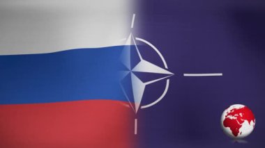 Dünya 'nın animasyonu ve Rusya ve NATO bayrağı üzerine son dakika haberleri. Ukrayna krizi, haber ve uluslararası politika kavramı dijital olarak oluşturulmuş video.