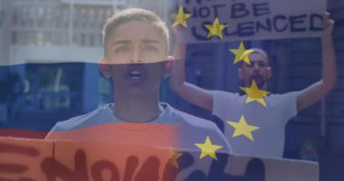 Melez erkek protestocu üzerine Rusya ve Avrupa Birliği bayrağının animasyonu. Ukrayna krizi ve uluslararası politika kavramı dijital olarak oluşturuldu.