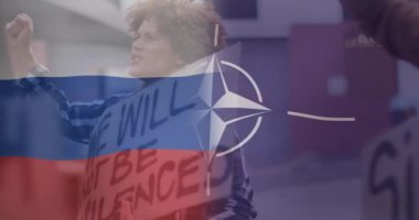 Rus ve NATO bayrağının melez erkek protestocuya karşı canlandırılması. Ukrayna krizi ve uluslararası politika kavramı dijital olarak oluşturuldu.