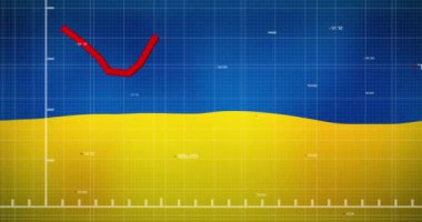 Finansal verilerin animasyonu ve Ukrayna bayrağı üzerinde grafik. Ukrayna krizi, ekonomik kriz ve dijital olarak üretilen uluslararası politika konsepti.