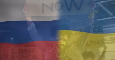 Yüz maskeli Afro-Amerikan erkek protestocu yüzünden Ukrayna ve Rusya bayrağının animasyonu. Ukrayna krizi ve uluslararası politika kavramı dijital olarak oluşturuldu.