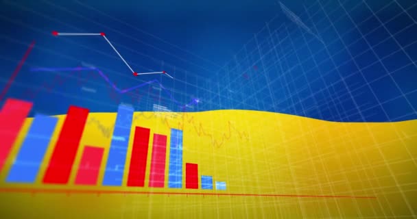 Анимация Финансовых Данных Графика Над Флагом Украины Украинский Кризис Экономический — стоковое видео
