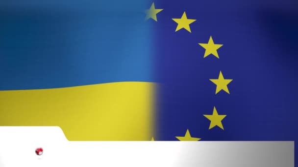 在欧洲联盟和乌克兰国旗上的全球动画和假新闻 Ukraine Crisis News International Politics Concept Digital Generated Video — 图库视频影像