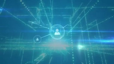 Mavi arkaplandaki simgelerle bağlantı ağının canlandırılması. küresel iş ve dijital arayüz kavramı dijital olarak oluşturulmuş video.