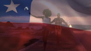 Sahildeki bir grup arkadaşın üzerinde Şili bayrağı sallama animasyonu. seyahat ve tatil konsepti dijital olarak oluşturulmuş video.