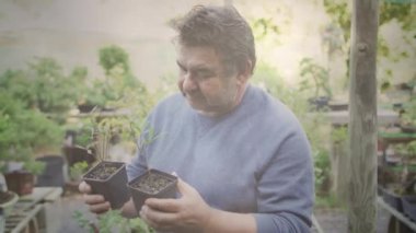 Bahçede iki saksı saksı tutan Kafkas ihtiyara karşı bir ışık. toplum bahçesi farkındalığı konsepti