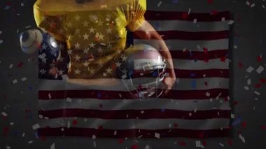 Amerikan futbolcusunun üzerine bayrak sallayıp konfeti düşürme animasyonu. küresel spor ve yarışma konsepti dijital olarak oluşturulmuş video.