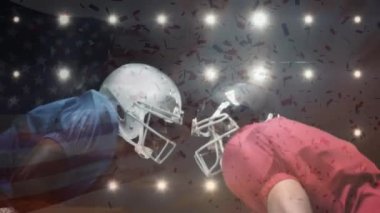 Amerikan futbolcularının üzerine bayrak sallayıp konfeti düşürme animasyonu. küresel spor ve yarışma konsepti dijital olarak oluşturulmuş video.