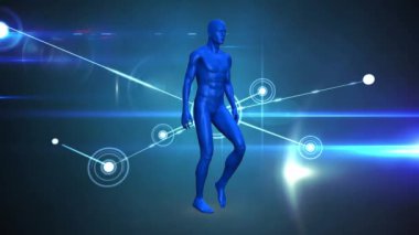 İnsan vücudu üzerinde bağlantı ağı ve veri işleme ağının animasyonu. Bilim ve veri işleme kavramı dijital olarak oluşturulmuş video.