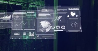 Sunucu odasında veri işleme animasyonu. küresel iş ve dijital arayüz kavramı dijital olarak oluşturulmuş video.
