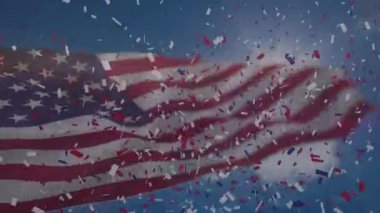 Düşen konfeti üzerinde Amerikan bayrağı sallamanın animasyonu. Amerikan vatanseverliği, bağımsızlık ve kutlama konsepti dijital olarak oluşturulmuş video.