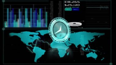 Koyu arkaplanda dijital arayüzün üzerindeki saatin animasyonu. Bilim ve veri işleme kavramı dijital olarak oluşturulmuş video.