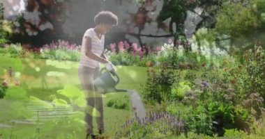 Bahçede bitki sulayan Afrikalı Amerikalı kadınlara karşı uzun ağaçların birleşik videosu. toplum bahçesi farkındalığı konsepti