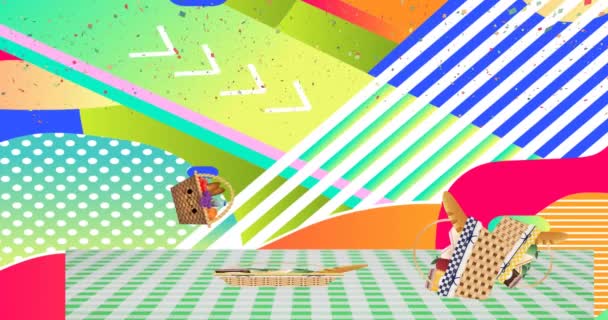 Animation Spots Confetti Picnic Baskets Gingham Tablecloth Abstract Background National — ストック動画