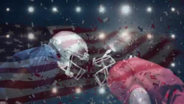 アメリカのサッカー選手にウサの旗を振り コンフェッティを落下させるアニメーション スポーツと競争の概念をデジタルで生成し — ストック動画