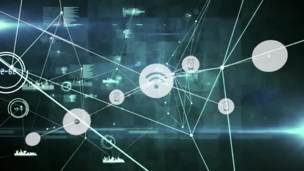 黒の背景にアイコンとの接続のネットワークのアニメーション グローバルビジネスとデジタルインターフェースの概念デジタル生成されたビデオ — ストック動画