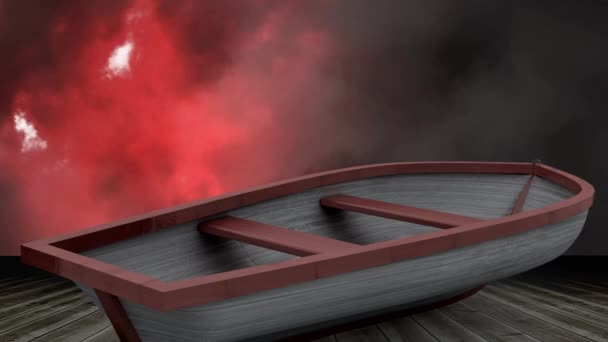 Animazione Barca Superficie Legno Con Fulmini Rossi Nuvole Sul Cielo — Video Stock