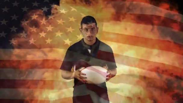 Animation Waving Usa Flag Flames American Football Player Global Sports — Stock Video