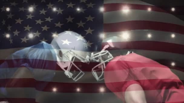 Animation Des Schwenkens Einer Flagge Und Lichter Über American Football — Stockvideo