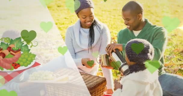 Animazione Cuori Verdi Cestino Picnic Famiglia Afro Americana Nel Parco — Video Stock