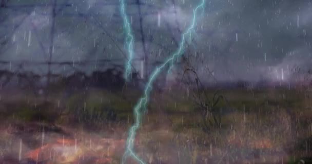 暴雨的动画 电塔上闪烁着闪电和灰蒙蒙的云彩 可持续发展与气候变化概念数码视频 — 图库视频影像