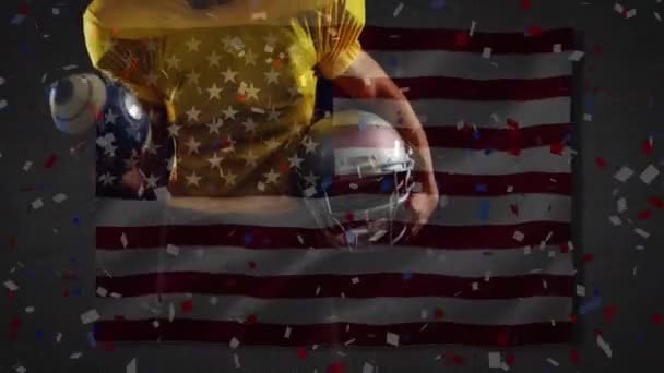 Amerikan Futbolcusunun Üzerine Bayrak Sallayıp Konfeti Düşürme Animasyonu Küresel Spor — Stok video