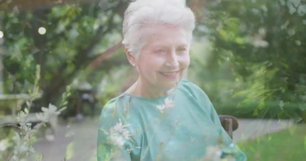 Σύνθετο Βίντεο Φύλλα Κρέμονται Κατά Καυκάσιος Ηλικιωμένη Γυναίκα Χαμογελά Στον — Αρχείο Βίντεο