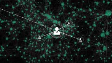 Siyah arkaplandaki simgelerle bağlantı ağının animasyonu. küresel iş ve dijital arayüz kavramı dijital olarak oluşturulmuş video.