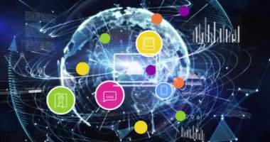 Dünya üzerinde veri işleme animasyonu. küresel iş ve dijital arayüz kavramı dijital olarak oluşturulmuş video.