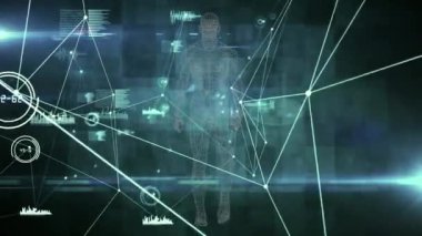 İnsan vücudu üzerinde bağlantı ağı ve veri işleme ağının animasyonu. Bilim ve veri işleme kavramı dijital olarak oluşturulmuş video.