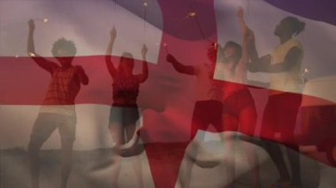 Sahildeki bir grup arkadaşın üzerinde İngiltere bayrağı sallamanın animasyonu. seyahat ve tatil konsepti dijital olarak oluşturulmuş video.