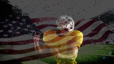 Amerikan futbolcusunun üzerine bayrak sallayıp konfeti düşürme animasyonu. küresel spor ve yarışma konsepti dijital olarak oluşturulmuş video.