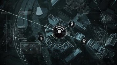 Şehir manzarası üzerindeki simgelerle bağlantı ağının animasyonu. küresel iş ve dijital arayüz kavramı dijital olarak oluşturulmuş video.