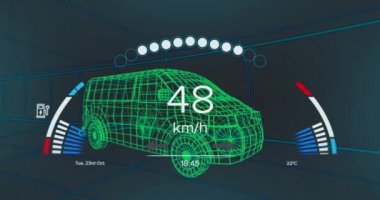 Dijital arabanın üzerindeki araba panelinin animasyonu. küresel ulaşım ve dijital arayüz kavramı dijital olarak oluşturulmuş video.